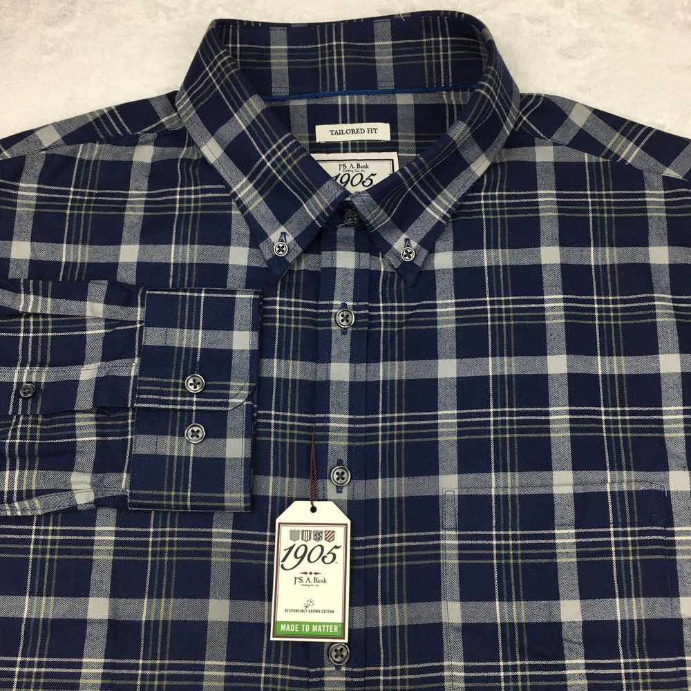 JoS. A. Bank Shirt Mens XL‎ Blue/Gray Plaid Tailored Fit Long Sleeves NWT!